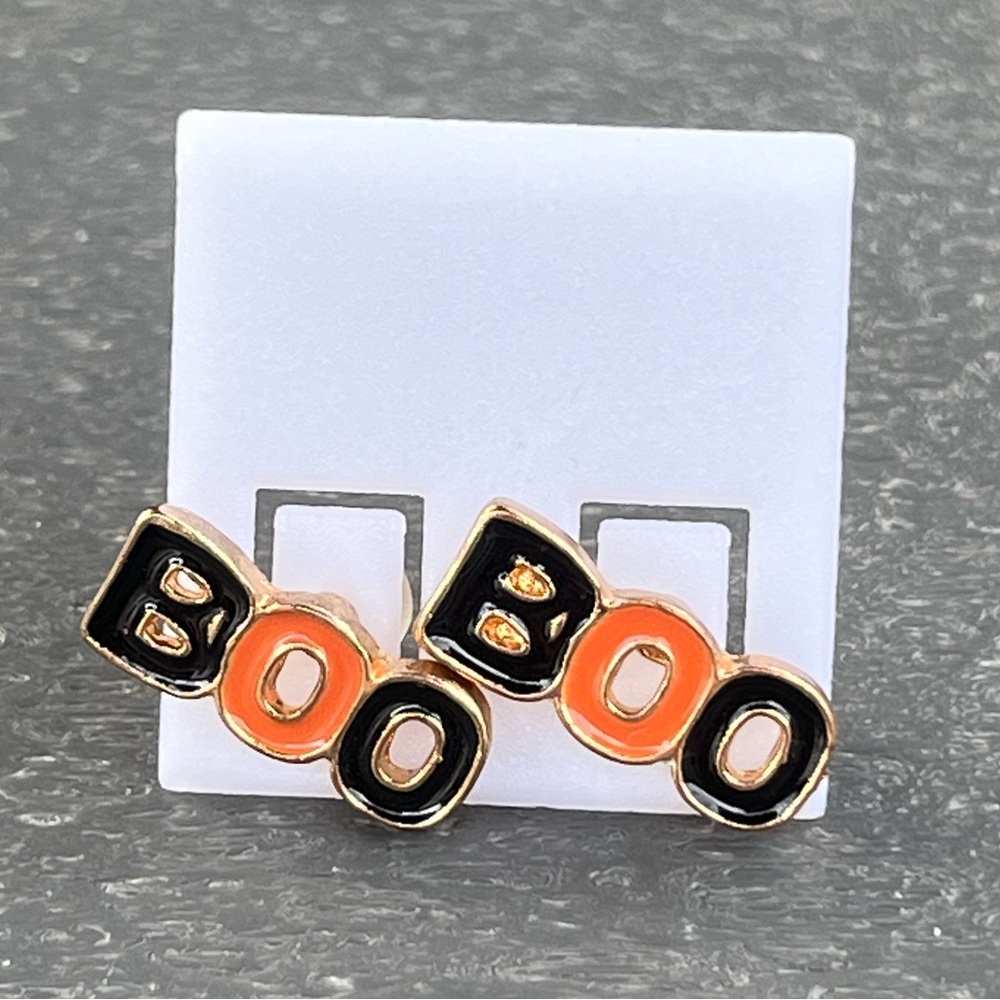 Black & Orange; Halloween “BOO” Stud Earrings; NWOT